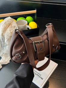 1件装女士复古摩托朋克铆钉装饰可调节肩带大容量柔软仿油皮渐变色单肩/腋下包，适合工作、通勤、约会、派对等场合。 - 咖啡 - 查看 3