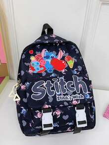 《星际宝贝》粉色时尚背包，适合女性和青少年 - 可爱天使与史迪奇印花休闲背包 - 多功能书包和旅行背包，带前置口袋 - 时尚通勤包，粉丝必备 - 彩色 - 查看 10