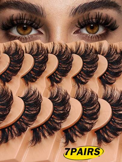 7对蓬松卷翘假睫毛 - 可重复使用，浓密型，自然持久，明显放大双眼，佩戴舒适，适合派对、表演和音乐节。