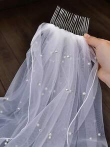 1pc Pearl Bridal Veil, Classic Minimalist Wedding Dress Accessory, Waist Length - Multicolor - View 7