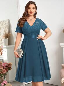 V-Neck Ruffle Lace Print Chiffon A-Line Swing Dress, Semi-Formal Party Dress, Suitable For Valentine's Day, Summer, Birthday, Graduation, Back To School - Dusty Blue - View 6