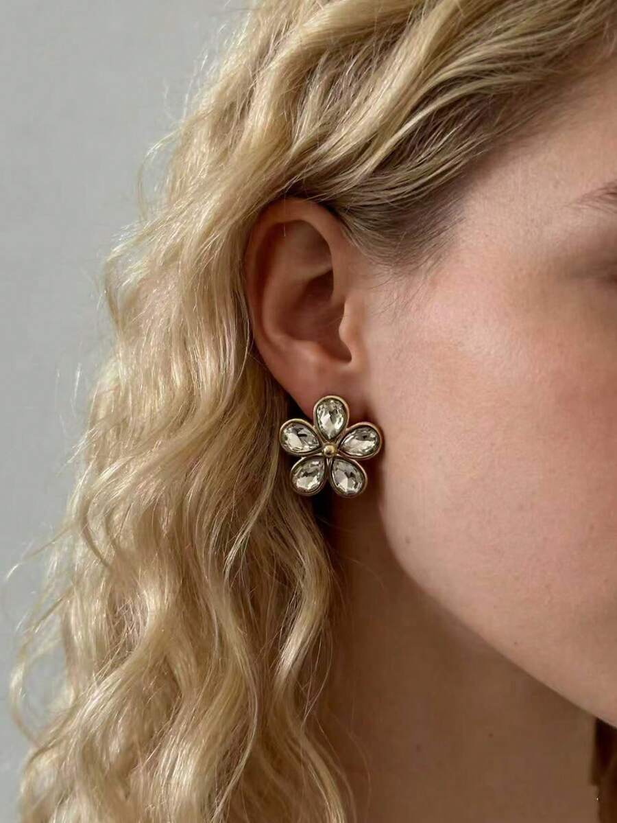 Fashionable Floral Crystal Earrings, Luxury Niche Design Earrings - Gold - View 1