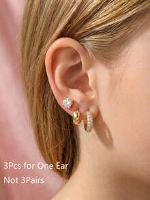 3pcs/Set Compact And Delicate Gold-Plated Copper Zirconium Round Diamond Stud Earrings Wide Matte Earrings Zirconium Earrings Jewelry Ear Studs Ear Bone Studs - Gold - View 2