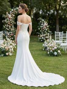 YOUKEFEIER 蕾丝刺绣串珠露肩深V领鱼尾长裙，性感紧身婚纱 - 米色 - 查看 4