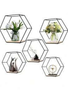 3pcs/1pc Gold Hexagon Wall Shelf, Home Decor Wall Mounted Storage Rack, Book Display Stand, Iron Art Wall Shelf - Black - View 7