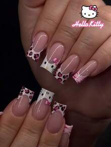 Sanrio Hello Kitty 24片中號正方形可愛3D豹紋與粉色法式穿戴甲，Hello Kitty與蝴蝶結設計，適用於壓克力假指甲套組，含1片果凍膠與1片指甲锉，適合女孩日常與派對美甲 - 彩色 - 查看 2