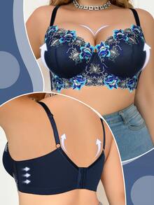 mimilemon Plus Size Women Navy Blue Floral Embroidery Supportive Bra - Comfortable Loose Hem Support - Blue - View 6