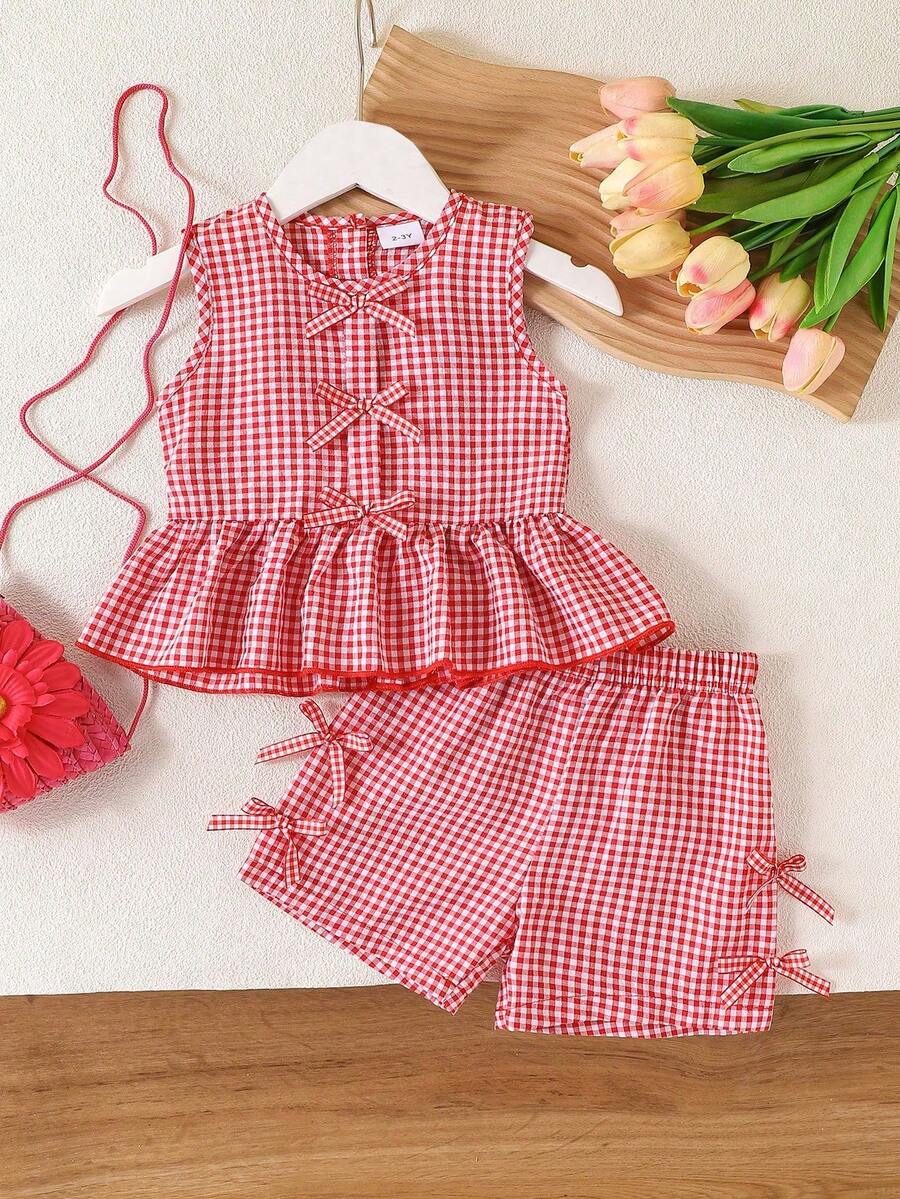 2pcs Young Girl Sweet Checkered Bow Ruffle Sleeveless Top And Shorts Set, Summer - Red - View 1