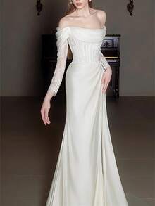 Elegant Sexy Off Shoulder Long Sleeves Mermaid Satin Formal Bridal Dress Registration Wedding Dress For Bride,Bridal Fashion,Evening Party Dress Bridal Gowns,Romantic Church Ceremony Wedding Dress,Suitable For Wedding,Party,Singles' Party,Vacation,Bride,Formal Occasions,Dinner Dress,Prom Dress,Homecoming Dress,Cocktail Party - 白色 - 查看 5
