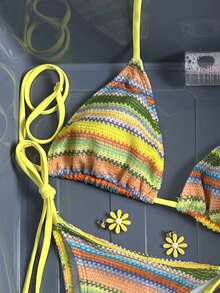 3pcs/Set Women's Summer Bohemian Style Crochet Fabric Drawstring Swimwear Cover Up Dress Bikini Set - Multicolor - View 4