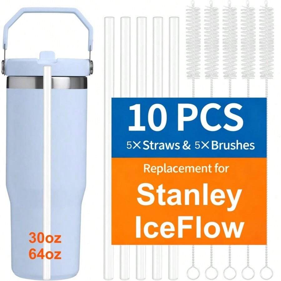 10 Pack Straw IceFlow 30oz/64oz Cup Tumbler, 14oz/20oz, 5 Pack Reusable Plastic Straws With 5 Pack Cleaning Brushes, BPA - Cut - To - Fit 8.46in - 適用於 IceFlow 30/64 盎司 - 查看 1