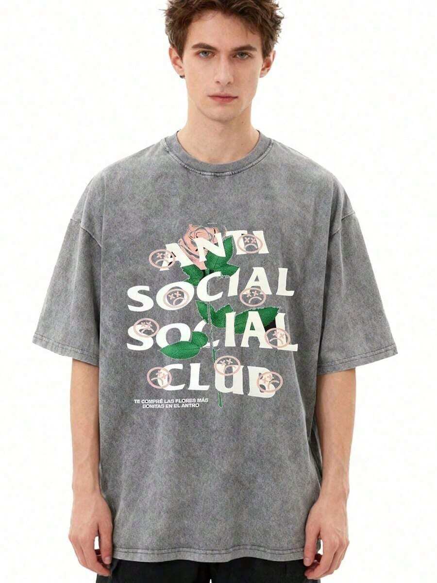 2026 Summer Tops1pc Retro Water Washed T Shirts, Artistic Graphic Featuring A Blooming Rose Intertwined With Bold Anti Social Club Text Symbolizing Contrast Between Beauty And Isolation Vintage 100% 230g Pure Cotton Casual Tee For Men,Street Y2K, Summer Tops, New Year Gifts,UnisexLoose And Comfortableshirt - 灰色 - 查看 1