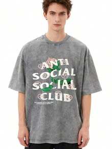 2026 Summer Tops1pc Retro Water Washed T Shirts, Artistic Graphic Featuring A Blooming Rose Intertwined With Bold Anti Social Club Text Symbolizing Contrast Between Beauty And Isolation Vintage 100% 230g Pure Cotton Casual Tee For Men,Street Y2K, Summer Tops, New Year Gifts,UnisexLoose And Comfortableshirt - 灰色 - 查看 11