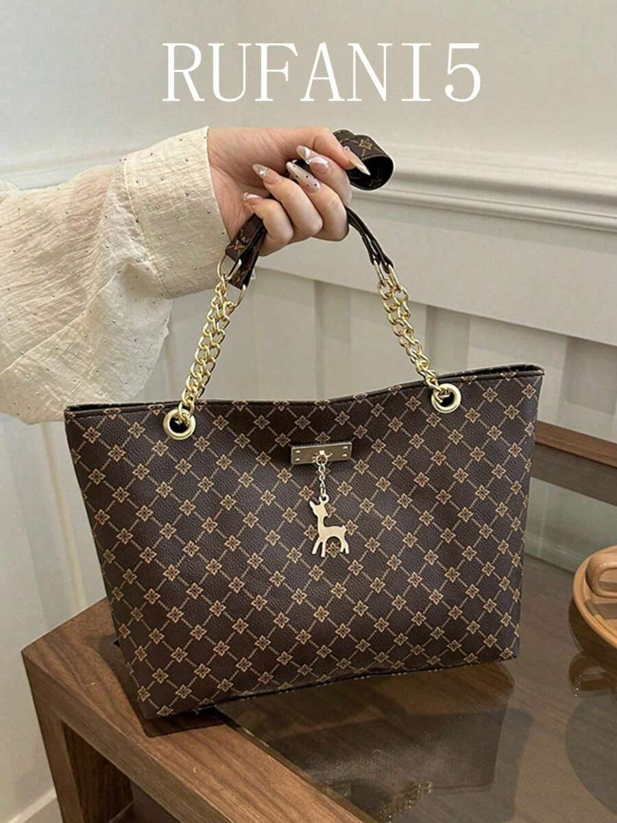Bolso de hombro con cadena de patrón geométrico de bloques de color, adecuado para ir de compras y llevar carteras - Café integral - Ver 1