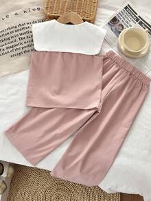 bearleader 2pcs Girls Summer Outfit Set, Bird Embroidery Sailor Collar Sleeveless Top Paired With Wide Leg Pants, Casual Wear For 3-7 Years Old Girls - Pink - View 2