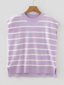 CILKOO Atasan Rajut Lengan Pendek Leher Bulat dengan Belahan Samping Bergaris untuk Wanita, Musim Gugur dan Musim Panas - Mauve Purple - View 4