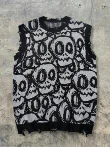 ANDREILEE Spring/Summer New High Street Punk Rock Band Skull Graphic Sleeveless Knit Tank Top For Men - Black - View 3
