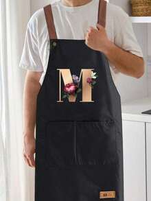 趣味可调节肩带围裙，配有实用口袋，可个性化定制花卉字母 A-Z 印花，男女通用，结实耐用的围兜式肩带，颈部和腰部系带均可调节，大口袋设计，可水洗，防污耐用，适用于厨房、美发师、园丁、厨师、专业美容学校等场合。 - A - 查看 3