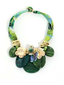 1 pieza Collar de lujo con estampado de leopardo de tela de moda, cuentas irregulares de ámbar falso y decoración de mariposa y flor, adecuado para fiestas y citas de mujeres - Verde - Ver 3
