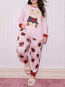 Plus Size Bear Print Contrast Color Long Sleeve & Pants Pajama Set - Pink - View 5