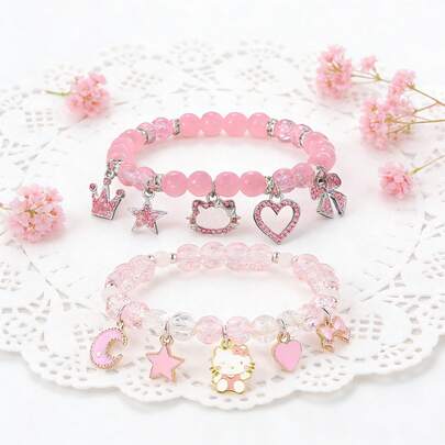 Sanrio 2件套少女粉色小猫手链，心形和星星吊坠，小猫吊坠玻璃珠手链，友谊手链，送给闺蜜的礼物，适合日常佩戴