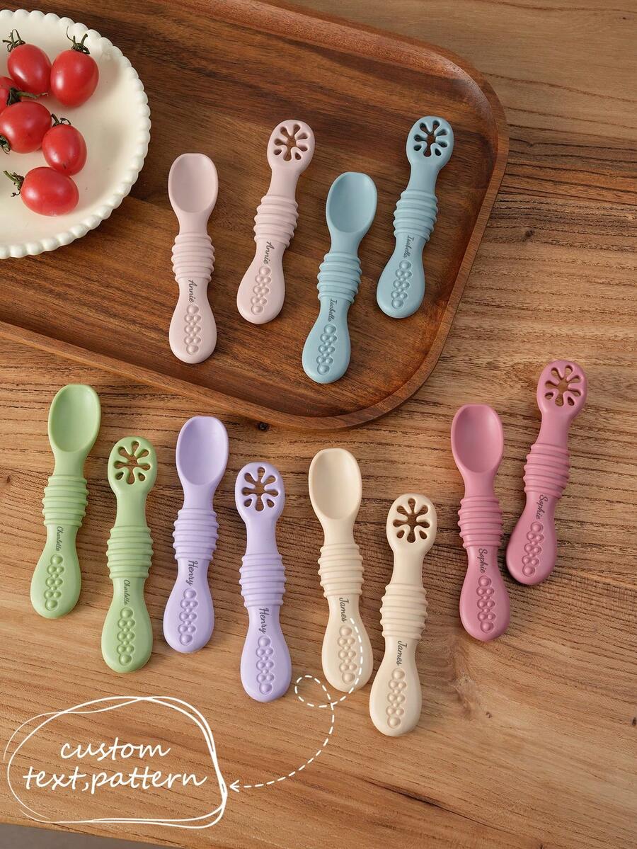 2PCS Personalized Customization Name Baby Silicone Utensils Mini Spoon Food Feeding Accessories Solid Color Baby Tableware Baby's Cutlery - Multicolor - View 1