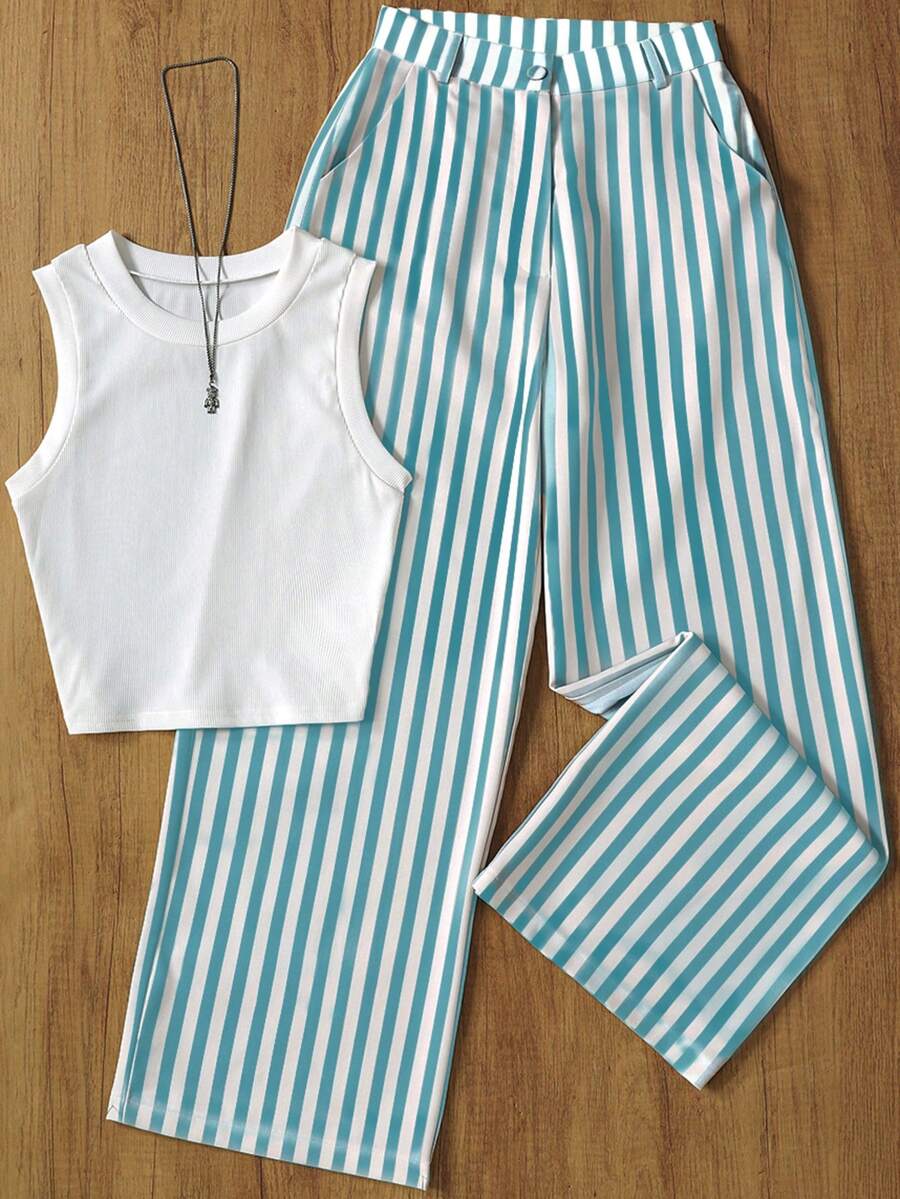 Women's Casual Striped Sleeveless Top And Striped Pants Set, Suitable For Office, Garden, Spring/Summer - Mint Blue - View 1