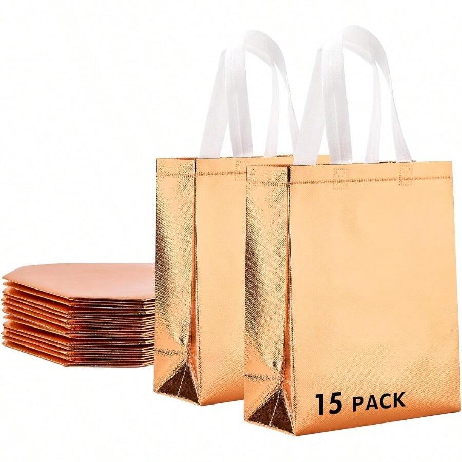 15 Pcs Gold Reusable Bags Bulk, 8x4x10 Inch Elegant Non - Woven Gift Bags Birthday, Wedding, Party Favors, Fashion Accessories Packaging - 玫瑰金-15 件裝 + 1 個(15 件裝) - 查看 1
