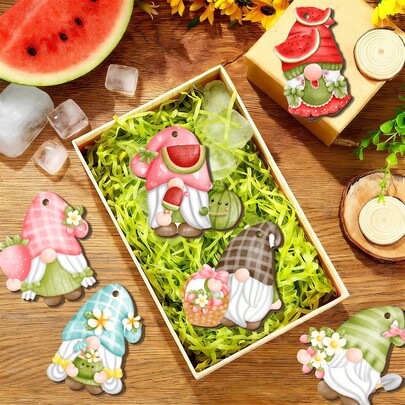 1/6pcs Cute Wooden Hanging Decor, 2D Wooden Design With A Dwarf Wearing Plaid Hat, Suitable For Decorating Rearview Mirror, Bags, And Keychains