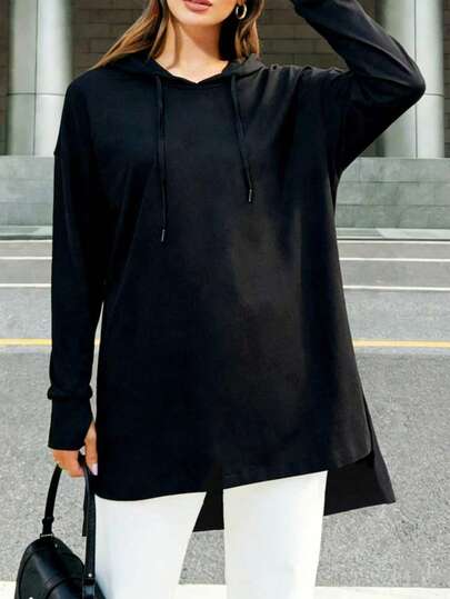 大码女式春夏休闲纯色抽绳连帽衫，前短后长，户外宽松运动长款T恤