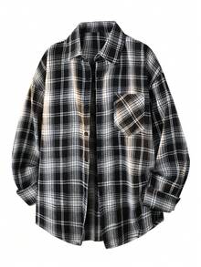 Men's Spring And Autumn Thin Checkered Long Sleeve Shirt Simple And Versatile Casual American Pocket Shirt - Black - View 6