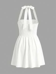Women's White Halter Mini Dress | Square Neck Sleeveless Flared Skater Dress For Party & Brunch Summer - White - View 11