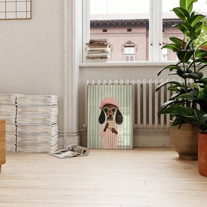 1 pieza Impresión de arte de pared sin marco de un Dachshund con boina rosa y gafas de moda sosteniendo un café, póster vintage y caprichoso de un animal con un patrón a rayas, decoración adorable para amantes de los perros para la sala de estar, dormitorio, dormitorio universitario, decoración de habitación, pósteres divertidos, decoración vintage, artículos esenciales para dormitorio universitario