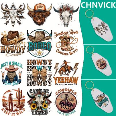 CHNVICK 24pcs The West Style UV DTF Keychains Wrap Transfers, Permanent Rub On Stickers For Keychain Blanks, High Viscosity DIY Transfer Paper For Acrylic & Metal Keyrings (No Keychains, Only Transfer Papers)