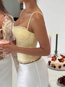 .Y Lace Trim Corset Top Y2k Low Cut Bustier Tops For Women Sleeveless Spaghetti Strap Crop Top For Going Out Party Club - 黃色 - 查看 8