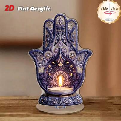1pc 2D Acrylic Hamsa Hand Shaped Decorative Piece, Rotating Design, Purple Color, Desktop Decor. This Amulet Symbolizes Good Luck And Serenity.