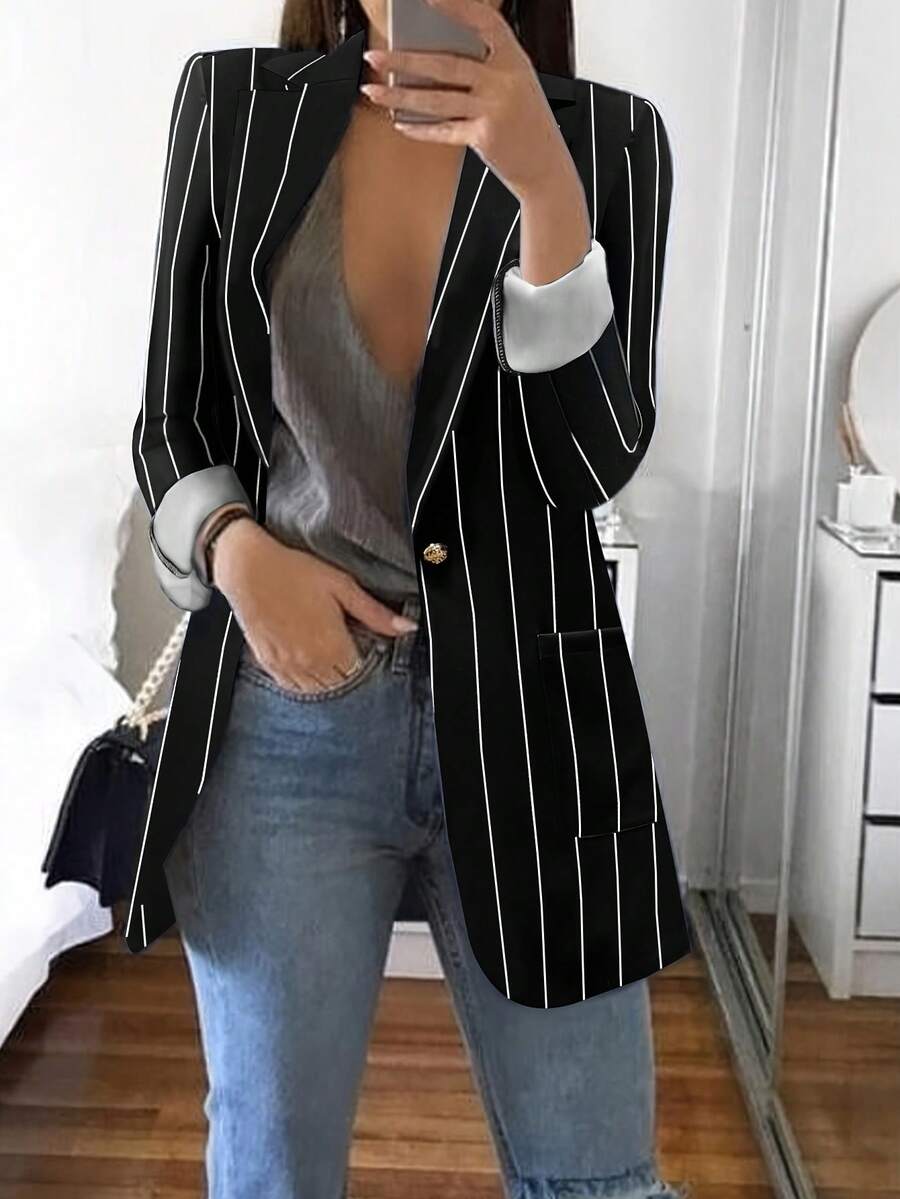 Women's Fashionable Versatile Striped Long Sleeve Blazer - Black - View 1
