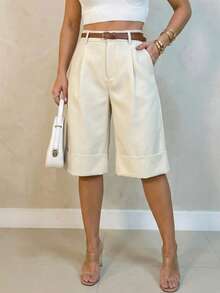 Women's Loose Fit Wide Leg Cuffed Capri Pants In Light Apricot, Suitable For Daily Wear, Street Style And Office, Versatile Item [Belt Not Included], Spring/Summer - Asaan - View 8