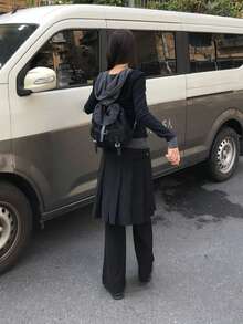 Collegiate Striped Patchwork Design 2 In 1 Button Hoodie Top - Black - View 6