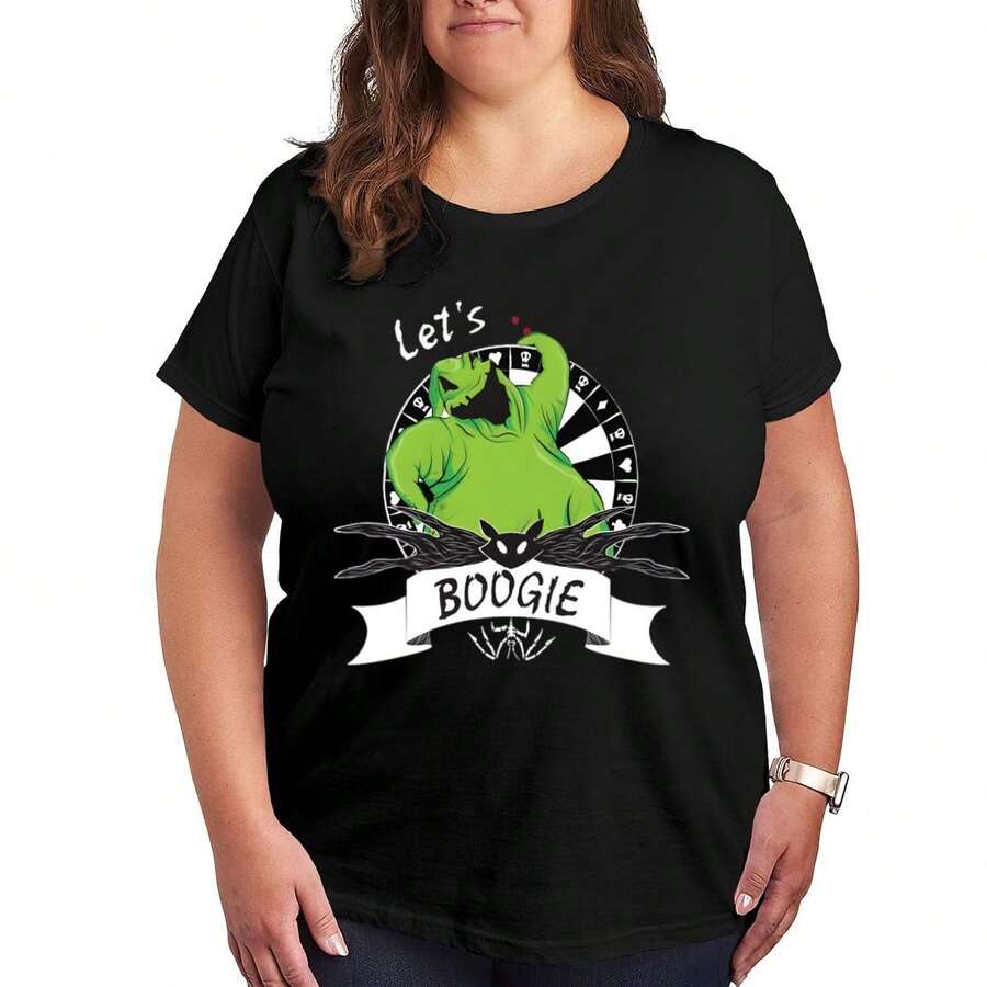 The Nightmare Before Christmas Abstract Art T-Shirt Plus Size, Classic Crew Neck Summer Essentials, Breathable Cotton Blend Daily Tee - 黑色 - 查看 1