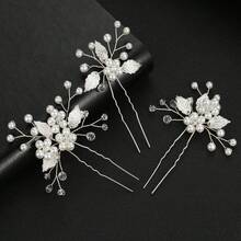 7件套手工白珍珠合金叶子花朵装饰发夹套装，新娘婚纱发饰，优雅情人节配饰 - 金色 - 查看 9