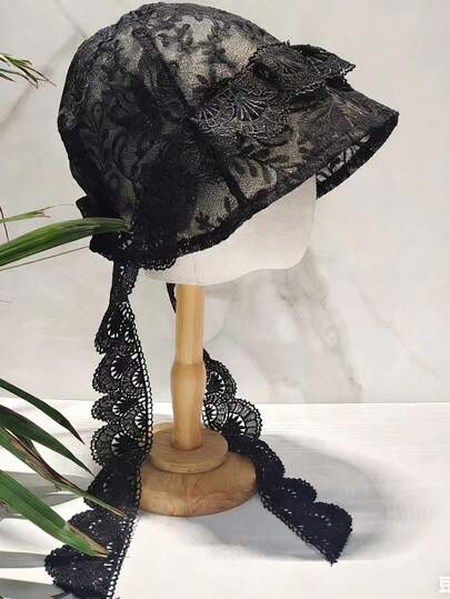 蕾丝渔夫帽，透气遮面斗篷，轻薄镂空花卉遮阳帽，夏季防紫外线