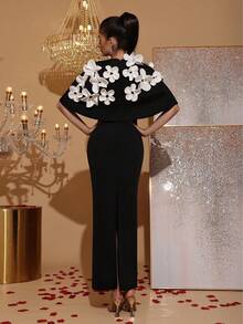 New Elegant 3D Floral Decor Black & White Contrast Long Sleeve Cape Dress, Graceful Formal Gown For Wedding Guest, Bridesmaid, Party, Evening Occasion - Black - View 6