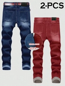 Two-Pack Men's Ripped Jeans Stretch Ripped Jeans For Men Comfort Flex Slim Fit Jeans Designer Fashion Pants For Men,Street Style - Blue + Red - View 2