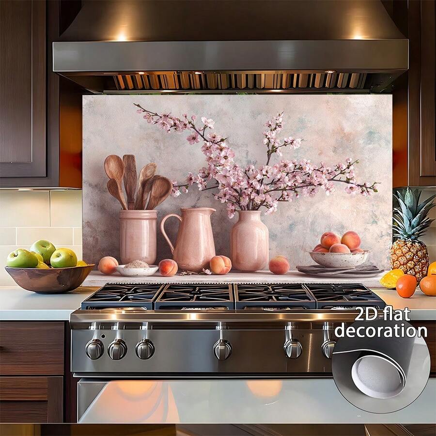 这款2D墙贴描绘了一瓶插满粉色鲜花和水果的花瓶，摆放在桌上。画面逼真，营造出优雅宁静的氛围。这款PVC材质的厨房墙贴易于粘贴。 - 款式1 - 查看 1