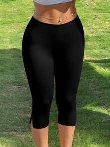 女士高腰开衩七分紧身裤 - 弹力休闲夏季七分裤 黑色 - 黑色 - 查看 5