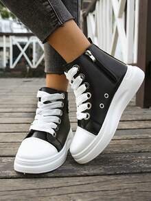 女士高帮休闲鞋，粗鞋带，时尚黑白简约踝靴，百搭户外鞋 - 黑色 - 查看 2