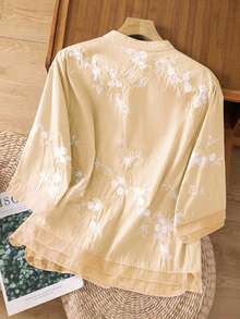 Spring/Autumn Vintage Elegant Casual Fresh Minimalist Boho Stand Collar Loose Fit Floral Embroidery Organza Patchwork Design Blouse, Fresh Pastoral Style 3/4 Sleeve Organza Patchwork Embroidered Casual Vacation Commute Holiday Party Daily Outing Versatile Shirt, Artistic Vintage Versatile Daily Commute Top - Beige - View 7