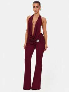 2026 New Neck Swing Collar Halter Strap Top Metal Buckle Micro-Pull Trousers Two-Piece Set - Burgundy - View 1