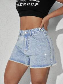 Low Waist Loose Casual Blue Slant Pocket Arc-Shaped Women Denim Shorts With Rhinestone Embroidery - Baby Blue - View 3
